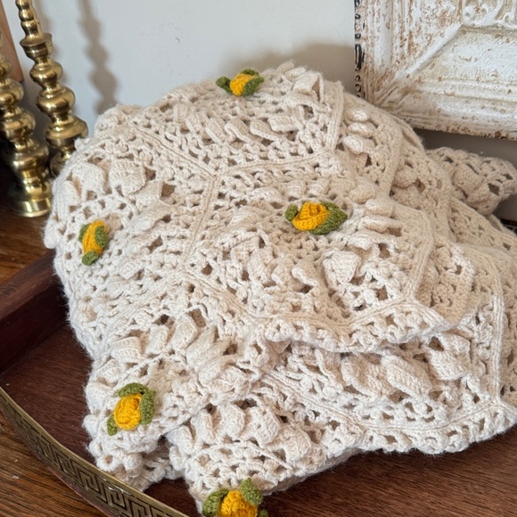 Other - Handcrafted Cream Crochet Throw with Yellow Accents